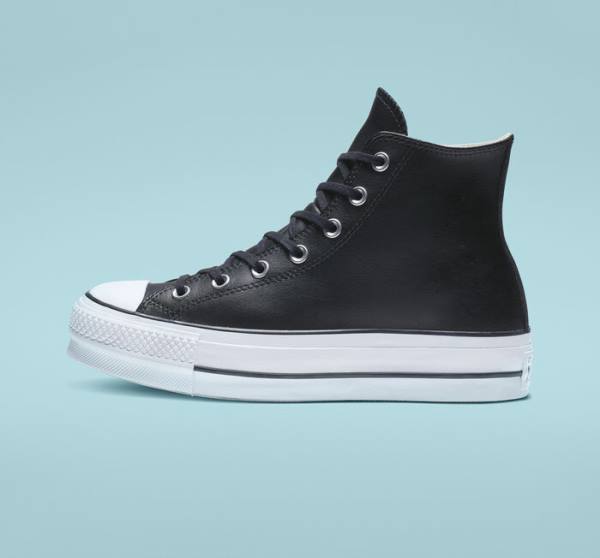 Zapatillas Altas Converse Chuck Taylor All Star Plataforma Clean Cuero Negras Blancas | CV-347MUN