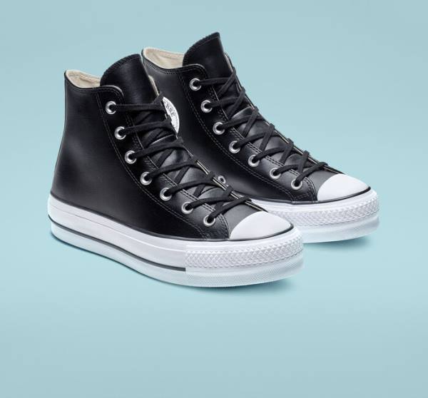 Zapatillas Altas Converse Chuck Taylor All Star Plataforma Clean Cuero Negras Blancas | CV-347MUN