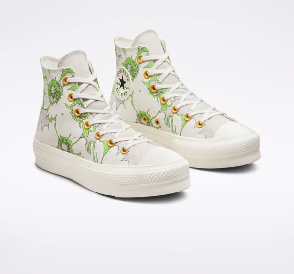 Zapatillas Altas Converse Chuck Taylor All Star Lift Plataforma Crafted Florals Marrones Verde Claro | CV-398BAQ