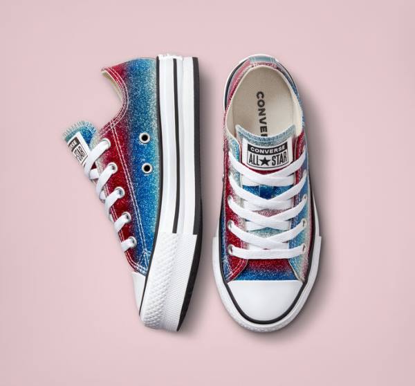 Zapatillas Bajas Converse Chuck Taylor All Star Lift Plataforma Glitter Drip Azules Blancas Rojas | CV-360REU